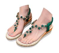 IUYTYSER Womens Sandals Ladies Mid Heel Wedge with Glitzy Jewels and Elasticated Slingback Strap Thong Diamante Sandal with Wedge Bohemian Beaded Strap Summer Fashion Bridal Wedding Prom Party Green 7