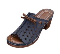 IUYTYSER Women'S Slip On Heel Sandals Fashion Hollow Leather Slippers Casual Comfortable Shoes Thong For Women With Dog (Navy, 4) Strappy Heels Womens White Kitten Gold Tan Black Heeled Low Nude