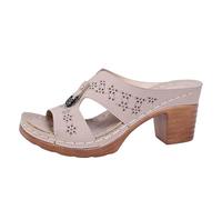 IUYTYSER Women'S Slip On Heel Sandals Ladies Slippers Summer New Round Head Hollow One Line Buckle Fashionable European And American Style Large Size High Casual Indoor Outdoor (Brown, 7) Gold