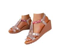 IUYTYSER Womens Wedge Sandals UK Bohemian Open Toe Platform Shoes Slingback Sandals with Glitzy Jewels and Elasticated Strappy Walking Shoes for Beach Dressy Holiday Summer Event Occasion Gold 5.5