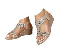 IUYTYSER Womens Wedge Sandals UK Bohemian Open Toe Platform Shoes Slingback Sandals with Glitzy Jewels and Elasticated Strappy Walking Shoes for Beach Dressy Holiday Summer Event Occasion Gold 6