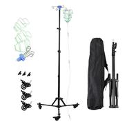IV Drip Stand, with Wheels, Foldable, with 4 Hooks, 3 Mesh Pockets, 1 Storage Bag, Metal with Brake Castors, Adjustable Height(90-190cm) for Hospitals, Clinics, and Home Care