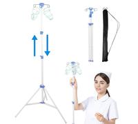 IV Pole Portable for Traveling, Adjustable IV Stand with Hooks, Medical IV Drip Infusion Bag Holder, IV Fluids Floor Stand (White)