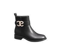 IVACHY Women's Crystal Diamond Buckle Fur Lining Interior Zip Closure Flat Ankle Boots in Black | Size: 7.5