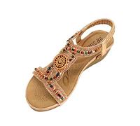 IVACHY Womens beaded crystals elastic strap stretch flats rhinestone decor slingback bohemian style sandals