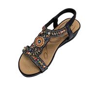 IVACHY Womens beaded crystals elastic strap stretch flats rhinestone decor slingback bohemian style sandals