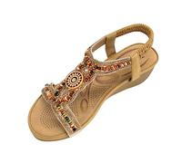 IVACHY Womens beaded crystals elastic strap stretch flats rhinestone decor slingback bohemian style sandals