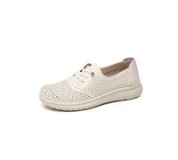 IVACHY Women's Breathable Loafers Comfort Slip On Flat Shoes - Hollow Out Perforated Nurse Work Walking Trainers - Lightweight Soft Summer Footwear- Ladies lace up Sneakers Beige