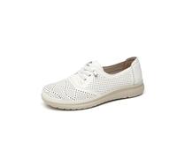 IVACHY Women's Breathable Loafers Comfort Slip On Flat Shoes - Hollow Out Perforated Nurse Work Walking Trainers - Lightweight Soft Summer Footwear- Ladies lace up Sneakers White