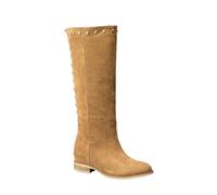 IVACHY Women's Fashion Studs Smart Flat Knee Suede High Boots with Zip Closure in Camel | Size: 3