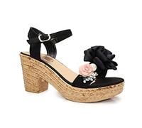 IVACHY Womens Wedge Ladies Summer Floral Sandal Espadrille Platform with Pearl Decoration Black