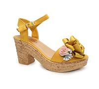 IVACHY Womens Wedge Ladies Summer Floral Sandal Espadrille Platform with Pearl Decoration Yellow