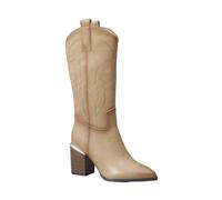 Western Style Cowboy Pointed Toe Block Heel Under Knee High Boots with Zippers IVACHY Beige 7