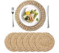 IVAILEX Round Braided Placemats Set for Dining Table, Water Hyacinth Handmade Woven Placemats Heat Resistant Non-Slip Washable Table Mats, 13.8 Inch (6 PACK)