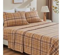 Ivellow Flannel Sheets Queen Size Deep Pocket Sheet Set Double Brushed Extra Soft Comfort Breathable 4 Pieces Khaki Plaid Fleece Bed Sheets Queen Bedding Warm Cozy Non Pilling