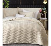 Ivellow Luxury Velvet Quilt Set King Size Bedding Sets Lightweight Ultra Soft Velvet Comforter Set Leaves Chevron Stitch Oversized Bedspread Coverlet 3 Pcs Full Bed Cover Sets for All Seasons Beige