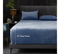 Ivellow Velvet Fitted Sheet Queen, 18" Deep Pocket, Blue, 1 Pack