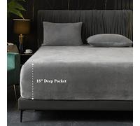 Ivellow Velvet Fitted Sheet Queen, 18" Deep Pocket, Grey, 1 Pack