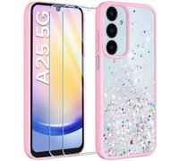 ivencase Clear Glitter Case Compatible with Samsung Galaxy A25 5G Case with 2 Screen Protector, TPU Silicone Sparkly Bling Star Soft Cover Flexible Transparent Shockproof Cover A25 - Pink
