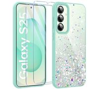 ivencase Clear Glitter Case Compatible with Samsung Galaxy S25 Case with 2 Screen Protector, TPU Bumper Silicone Sparkly Bling Star Soft Cover Anti-Scratch Shockproof Clear Cover Samsung S25 5G, Green