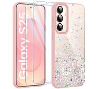 ivencase Clear Glitter Case Compatible with Samsung Galaxy S25 Case with 2 Screen Protector, TPU Silicone Sparkly Bling Star Soft Cover Flexible Transparent Shockproof Cover Samsung S25 5G - Pink