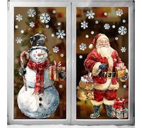 Ivenf Christmas Window Clings Decorations: 2 Sheets Extra Large Santa Claus Snowman Window Clings with Snowflakes, Watercolor Rustic Xmas Stickers for Kids Home Office School Winter Holiday Décor