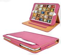 Iverson® iPad MINI tan leather wallet cover case compatible with free screen protector and cleaning cloth (Pink)
