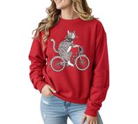 Ivexla Women Cat Riding Bike Sweatshirt Cute Hand-Drawn Bicycle Graphic Pullover Long Sleeve Cozy Cat Lover Top(Red,M)