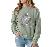 Ivexla Women Cat Riding Bike Sweatshirt Cute Hand-Drawn Bicycle Graphic Pullover Long Sleeve Cozy Cat Lover Top(Green,M)