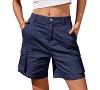 IVIR Bermuda Shorts for Women Cargo Shorts Knee Length 6 Pockets Elastic Waist Long Shorts Summer Casual, Navy Blue, M