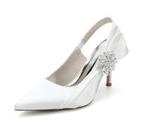 Ivory,37,Womens Slingback Stiletto Heels Dress Shoes, Sexy Satin Closed Pointed Toe Prom Wedding Pumps, Formal Rhinestone Back Heels Bride Shoes