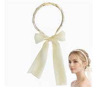 Ivory Beaded Headband with Large Rear Bow and Long Trailing Ends, 1-Pack | Decorative hair accessory for women, crown and back styling, worn with updos at weddings, formal events, parties or portraits
