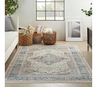 Ivory Blue Shaggy Luxurious Traditional Persian Easy To Clean Bordered Geometric Rug For Dining Room -71 X 230Cm (Runner)