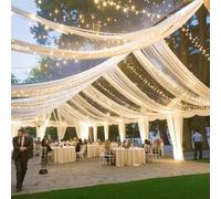 Ivory Ceiling Drapes with Lights String for Weddings, 6 Panels 5ftx20ft Sheer Tulle Backdrop Photo Background Drapes for Wedding Ceremony Birthday Party Arch Decoration