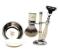 Ivory Colour Shaving Brush with Silver Tip Badger Hair, Triple Edge Razor, Ivory Colour 3 Ring Brush & Razor Holder, Stainless Steal Shaving Bowl with a Free Soap