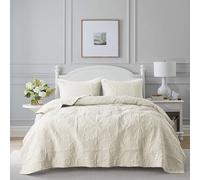 Ivory Damask Quilt King Size Bedding Sets with 2 Pillow Shams, Cream Boho Bedspread Lightweight Soft Farmhouse Vintage Bohemian Coverlet Retro Jacquard Pattern Bed Cover for All Season, 3 Pieces