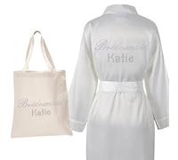 Ivory Personalised Crystal BRIDESMAID ROBE & TOTEBAG Luxury Satin Bride Bathrobe Wedding Kimono Dressing gown(Set 2)