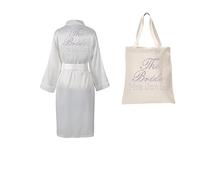 Ivory Personalised Crystal THE BRIDE ROBE & TOTEBAG Luxury Satin Bride Bathrobe Wedding Kimono Dressing gown(set2)