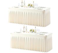 Ivory Table Cloth for 6 Foot Rectangle Tables Fitted Stretch Spandex Table Cover with Skirt 6ft Baby Shower Birthday Party Banquet Ruffle Cream Tablecloth Wedding Table Cloths Desk Skirt, 2 Pack