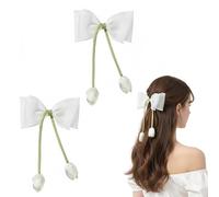 Ivory Tulip Bow Fabric Hair Clips with Long Green Ribbon - 2-Pack Large Soft Barrettes for Medium to Long Hairstyles, Strong Non-Slip French Clip for Women and Girls, Ideal for School and Casual Wear