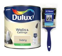 Ivory Walls & Ceilings Silk Emulsion Paint 2.5L + 3" Emulsion Paint Brush - Smooth Washable Silk Finish, Quick Dry, Low-VOC, Easy Application for Interior Walls & Ceilings