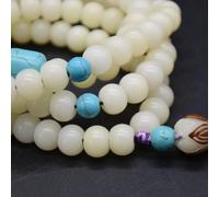 Ivory White Bodhi Root Rondelle Beads with Hand Carved Lotus Bead - 108 Beads - Mala Prayer Beads - 10mm x 8mm