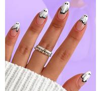 Ivory White Ghost Short Almond Press-On Nails Set With Minimalist Spooky French Tip - 24 PCS Easy Application And Removal For Halloween Thanksgiving Everyday Wear Full Manicure Kit