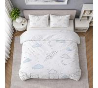 Ivory White Super King Duvet Cover Set, Reversible Sketch Minimalist Space Rocket Spaceship Print, Ultrasoft Hypoallergenic Bedding set, Dreamy Outer Space Quilt Cover for Boys Bedroom