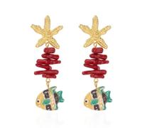 IVSDCFVLK Earrings For Women Boho Ocean Theme Cute Ceramic Fish Drop Textured Starfish Red Coral Stacked Beach Vacation Gifts