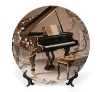 Ivy Covered Piano Bone China Decorative Plate with Display Stand, 8inch Porcelain Wall Hanging Plate for Home Office Decor, Elegant Round Ceramic Plates for Home Decor & Gift Idea
