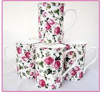 Ivy Rose Mugs Set of Six Fine Bone China Pink Roses Flowers Mugs Hand Decorated in The UK Free UK Delivery