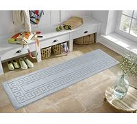 Ivy Washable Non-Slip Greek Key Hallway Runner Mat, Silver, 60x220cm