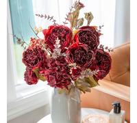 Ivydale Peony Artificial Flowers Bouquet 17.7" Faux Silk Arrangements Fake Peonies Plants Bulk Look Real Dining Table Centerpieces for Home Kitchen Wedding Party Decor, No Vase (Red)