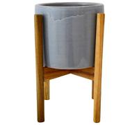 Ivyline Anzio Warm Grey Planter with Wooden Stand - Stylish, Waterproof & Durable - Decorative Glazed Indoor Ceramic Flower Pot - H38.5cm x D24cm